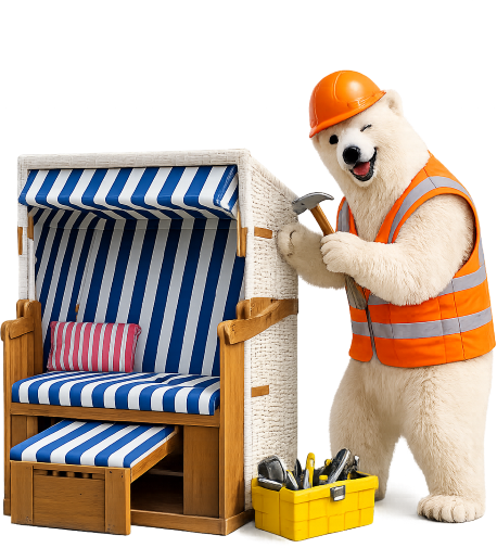 Eisbär-Maskottchen – Bauarbeiten am Strandkorb